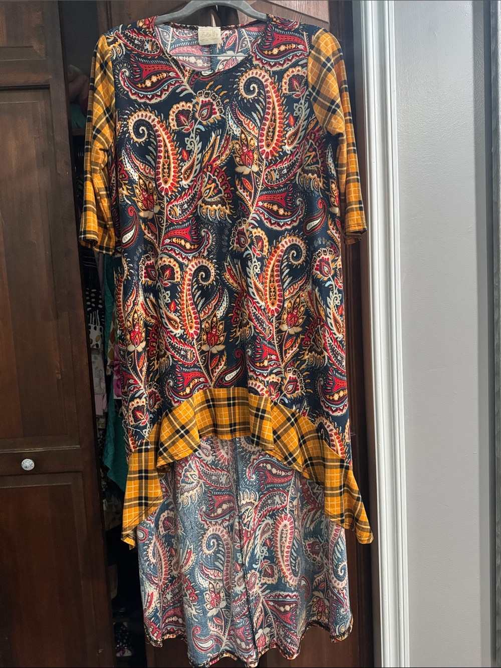 Zadie Bs Paisley & Plaid Mix High-Low Tunic Dress - Navy, Mustard, Red
